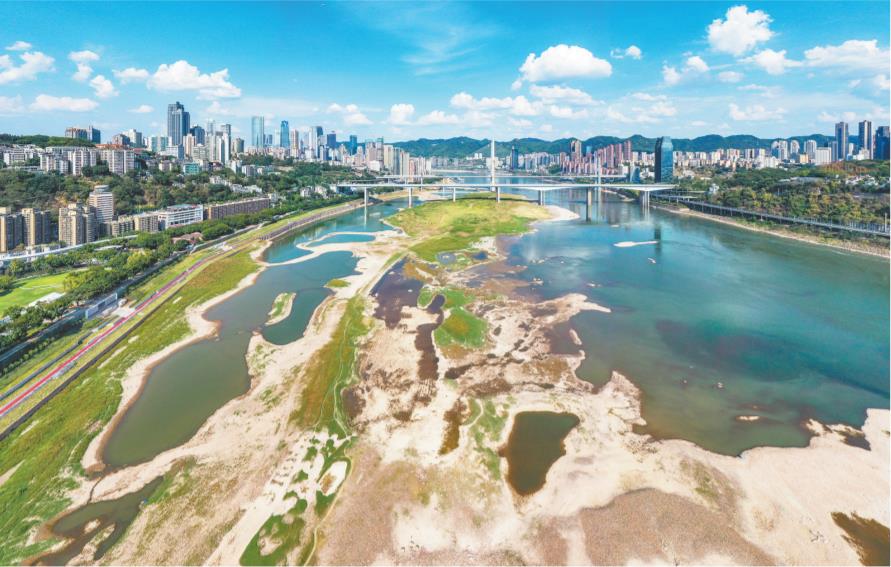 8月16日，渝中區珊瑚壩，長江水位下降，部分江灘裸露。近期，受持續高溫少雨天氣影響，四川、重慶等地先后出現不同程度旱情。導致進入主汛期后長江、嘉陵江水位持續退落，出現了“汛期反枯”的現象。據了解，截至8月15日8時，重慶33個區縣部分地區土壤不同程度缺墑，全市51條河流斷流，24座水庫干涸，2138眼機電井出水不足。首席記者 龍帆 實習生 尹詩語 攝/視覺重慶