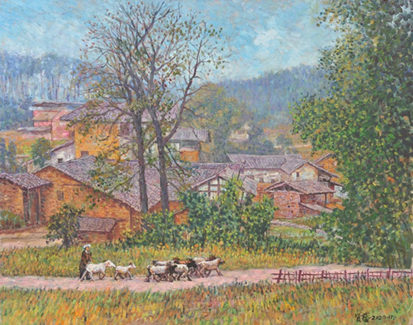 楊賢藝創作的油畫作品《大順泡桐樹民居》。王琦美術博物館供圖