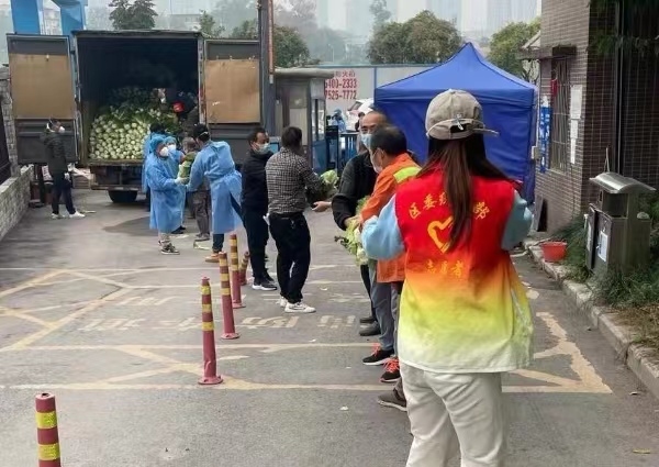 志愿者與居民有序接運剛到的蔬菜。巴南區委統戰部供圖
