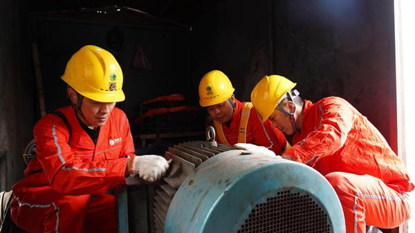 國家電網紅巖（長壽農網）共產黨員服務隊在江南街道龍橋湖村對泵站設備進行全面檢修。劉科研攝