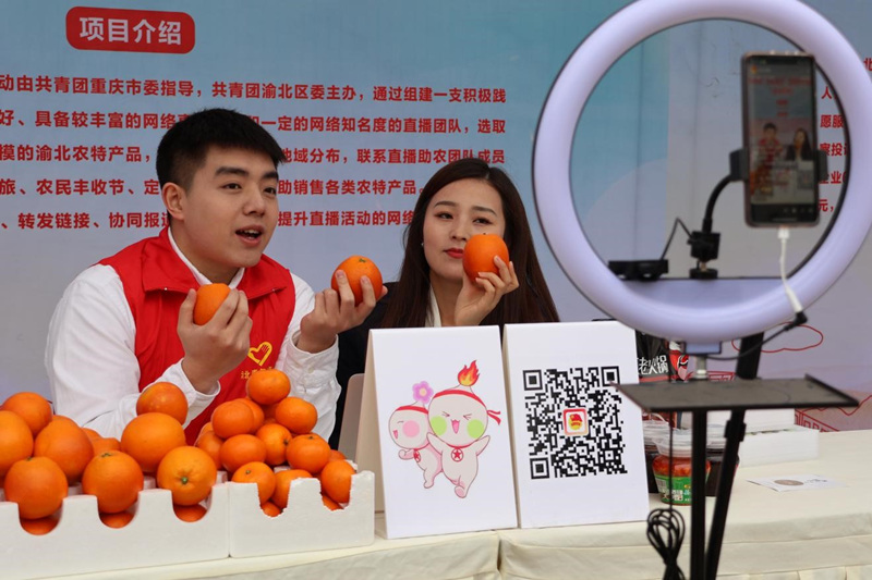 活動中，青年志愿者開展助農直播。渝北區委宣傳部供圖