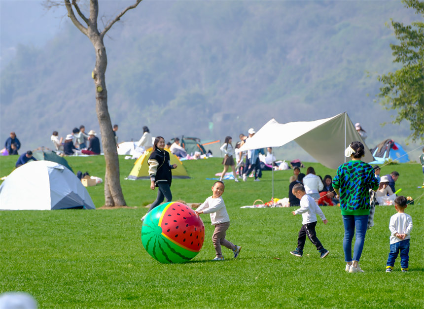 小朋友在草坪上嬉戲玩耍。郭旭攝