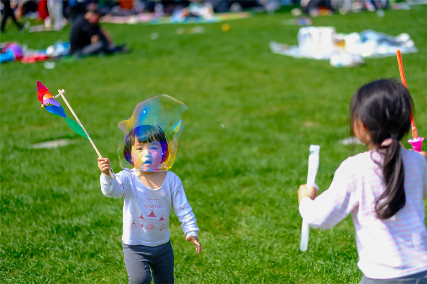 小朋友在草坪上嬉戲玩耍。郭旭攝