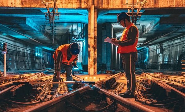 線路工們用軌距尺仔細測量交渡道岔數據。田芝銘攝