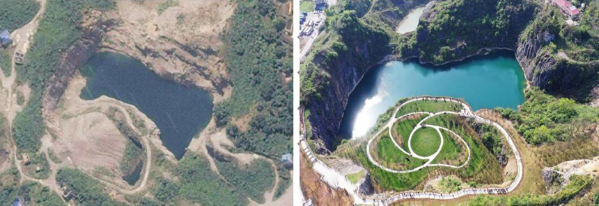 銅鑼山礦區生態修復前（左）后（右）對比（資料圖）。渝北區規劃和自然資源局供圖