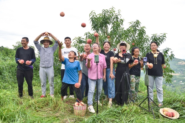主播們幫助農戶銷售晚桃。渠馬鎮供圖