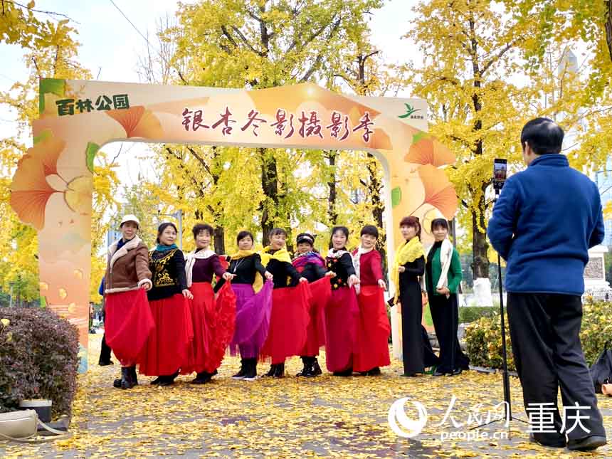 重慶兩江幸福廣場，市民在銀杏樹下開心拍照。人民網 陳琦攝