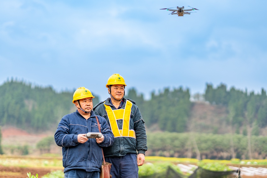 2月25日，在榮昌區吳家鎮雙流村，國網重慶永川供電公司人員以“集中監控+立體巡檢+網格化處置”的高標準巡檢體系開展電力巡檢工作，助力4000余畝高標準農田建設。賴小龍攝