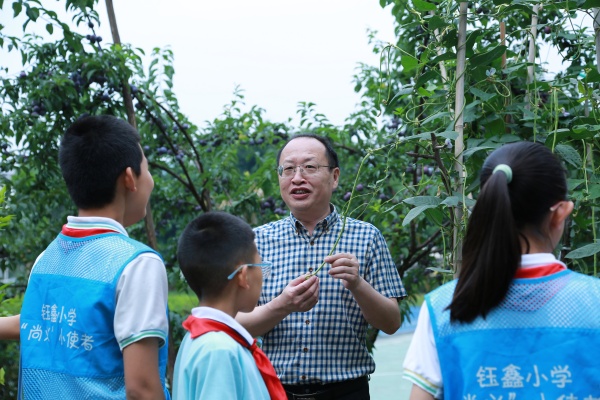 景翔小學黨支部書記肖幫林為學生講解豇豆的生長過程。張源攝
