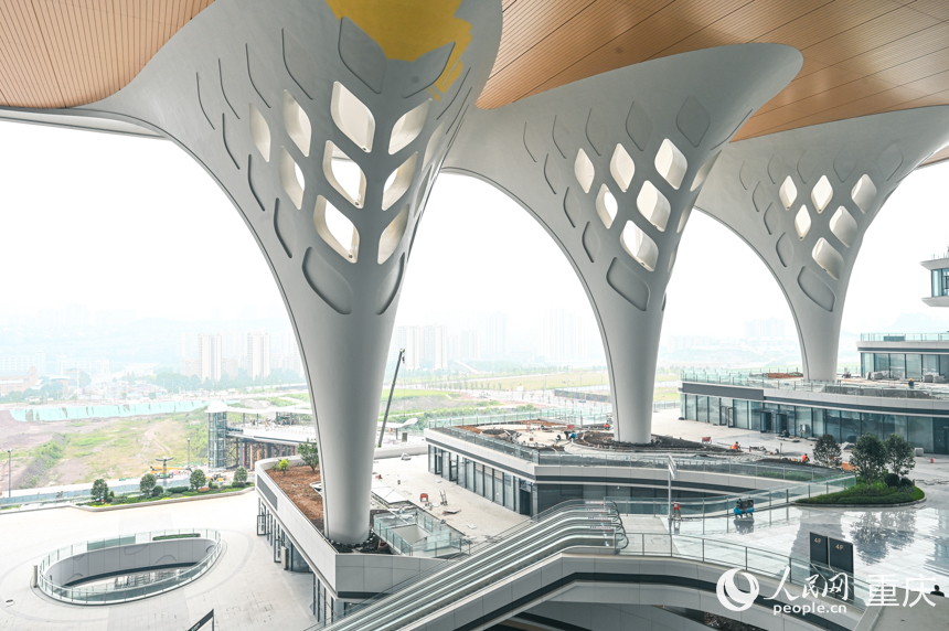 重慶東站站房東西主入口，40根樹型柱呈現出重慶市樹黃桷樹堅韌挺拔的姿態。人民網 鄒樂攝