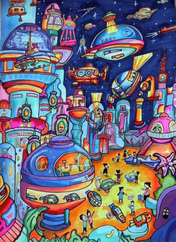 南坪實驗外國語小學校馮詩棋的繪畫作品《我們的未來城》。主辦方供圖